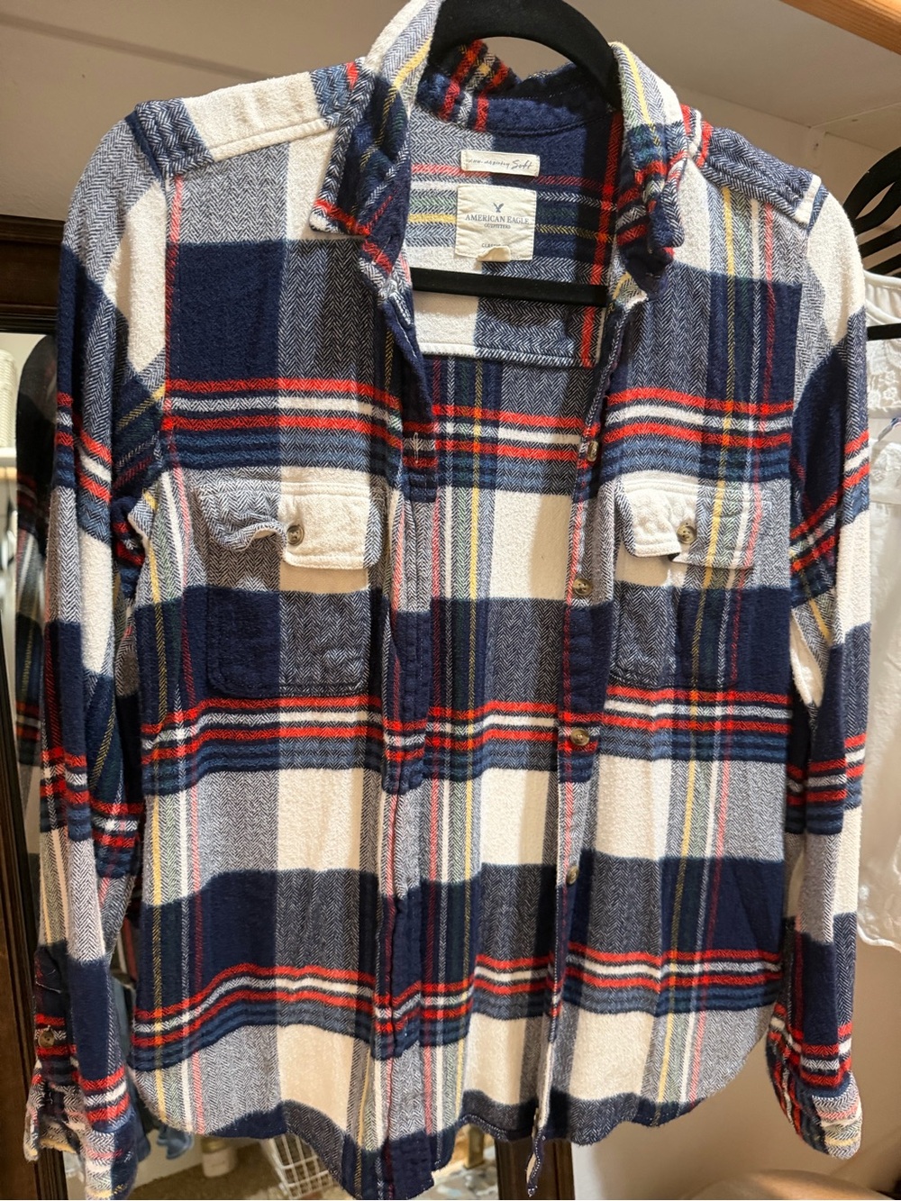 American Eagle Outfitters Women’s Navy & Cream Plaid Flannel Shirt